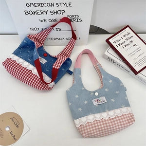 Detailed close-up of sweet lace-trim canvas tote bags with contrast checkered patterns