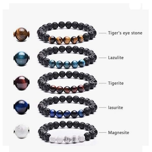 8mm natural volcanic lava rock beaded bracelet set with tiger eye and lapis lazuli