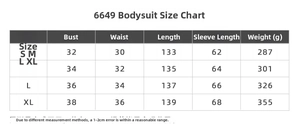 Detailed size chart for long sleeve high stretch sport jumpsuit in sizes S to XL