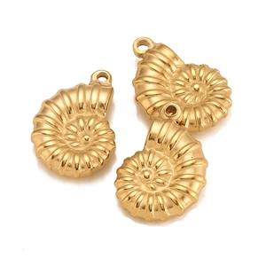Detailed close-up of three 18K gold-plated ammonite shell pendants for DIY jewelry making