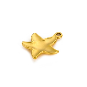 Detailed macro view of a golden starfish pendant made of polished stainless steel