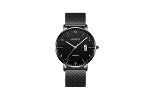 Detailed view of Geneva men's black quartz watch with mesh strap and calendar window