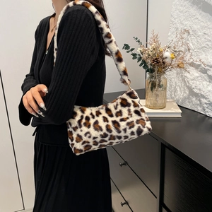 Fashionable leopard print plush shoulder bag with minimalist rectangular design