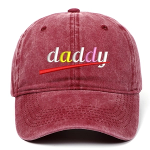 Distressed burgundy cotton baseball cap featuring colorful daddy embroidery and curved brim