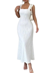 Detail of square neck and wavy textured fabric on white bodycon maxi dress