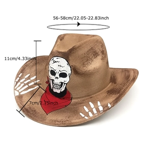 Brown vintage cowboy hat with skull and skeleton hand prints and size dimensions