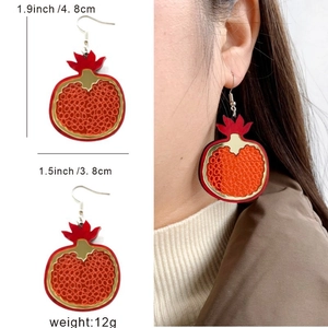 Acrylic pomegranate drop earrings for women with detailed size measurements and model look