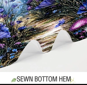 Detailed close-up showing the high-quality sewn bottom hem of the floral pattern shower curtain