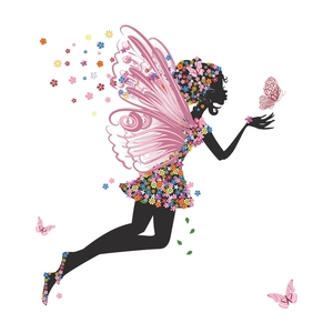Sticker mural fée des fleurs aux ailes roses pour décoration de chambre