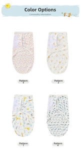 Four patterns of cotton newborn swaddle sacks including floral and animal prints