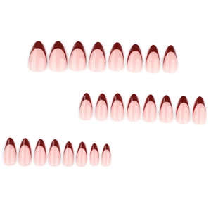 French almond press-on nails with deep burgundy tips and glossy light pink base set