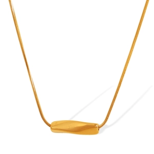 Elegant gold snake chain necklace with a minimalist twisted rectangular pillar pendant