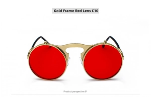 Front view of steampunk flip-up sunglasses with gold metal frame and red round lenses