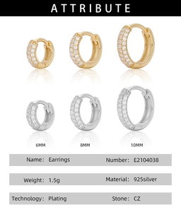 Detailed table showing 925 sterling silver hoop earrings sizes 6mm 8mm 10mm with CZ stones