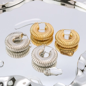 Threaded Hoop Earrings 18K Gold Plated Stainless Steel Hollow Croissant Spiral Texture Retro Chunky For Women