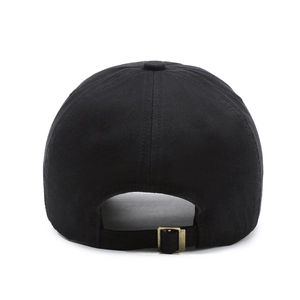 Rear view of black cotton baseball cap showing metal adjustment buckle and strap