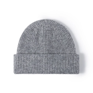 Classic light grey ribbed knit beanie with folded brim for winter warmth and outdoor style