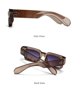 Detail view of square sunglasses with silver rivets and purple gradient lenses
