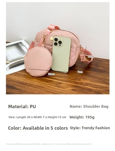 Pink PU leather quilted crossbody bag with small coin pouch and precise dimensions