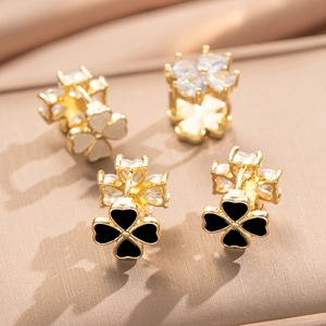 Clover Hoop Earrings Gold Plated Copper Double Sided With Cubic Zirconia And Enamel Heart Inlay Elegant Luxury Jewelry