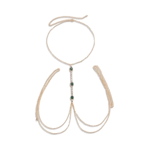 Gold-tone layered body chain with emerald-cut green crystals and sparkling rhinestones