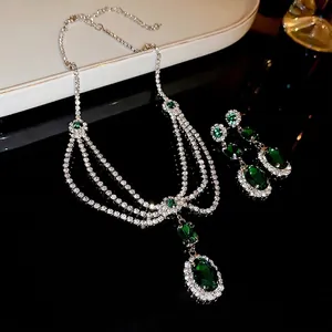 Vintage emerald zircon jewelry set with multi-layer tassel necklace and drop earrings