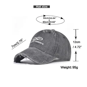 Detailed size chart for gray washed cotton baseball cap with dimensions and weight