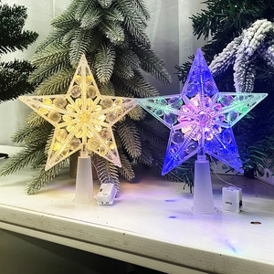 Close-up of clear plastic star tree toppers with warm yellow and purple LED lights