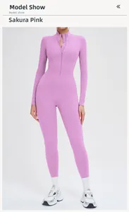Front view of cherry blossom pink yoga jumpsuit with front zipper and slim fit design
