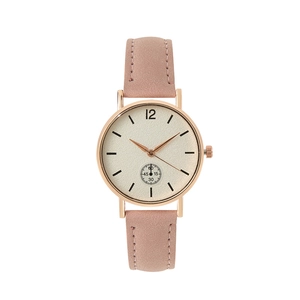 Minimalist women's quartz watch with pink suede strap and rose gold frosted dial