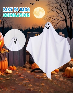 Close-up of hanging Halloween ghosts with scary expressions for spooky porch decoration