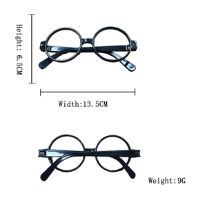 Detail view showing black round Harry Potter style glasses with 6.5cm height and 13.5cm width