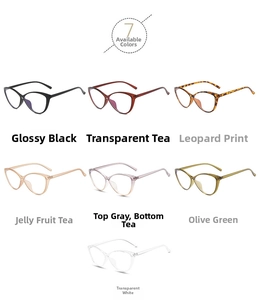 Showcase of cat eye anti-blue light glasses in seven diverse colors on white background
