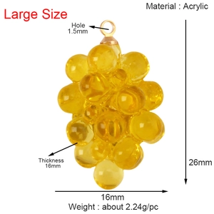 Detailed size specifications for large golden acrylic grape fruit charms with 1.5mm hole