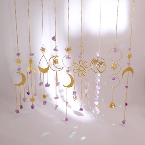 Crystal Suncatcher Moon Sun Star Amethyst Stones Gold Metal Window Hanging Decor Bohemian Prism Rainbow Maker