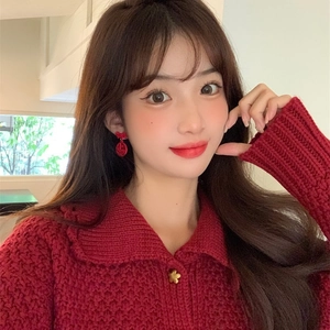 New Year red Fu character earrings with silver pins for festive Chinese style