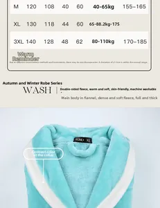 Detailed size chart for men's contrast flannel bathrobe showing measurements and heights