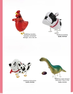 Detailed size specifications for walking pet balloons including rooster and bulldog