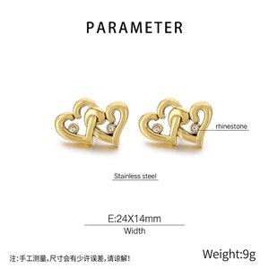 Detail showing 18K gold-plated double heart earrings with rhinestone inlay in 24x14mm size