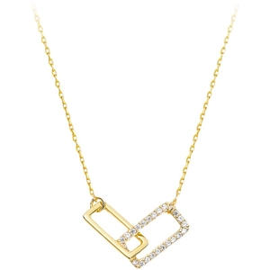 Collana dorata minimalista con due rettangoli incrociati e dettagli in diamanti brillanti