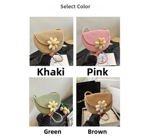 Selectable colors of woven mini crossbody bags with decorative 3D daisy flower accents