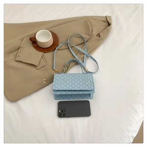 Close-up of a mini light blue patterned handbag with gold hardware and phone for scale