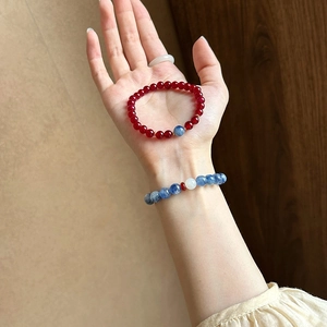 Ethnic style beaded bracelet set with natural agarwood, agate and deep blue crystals