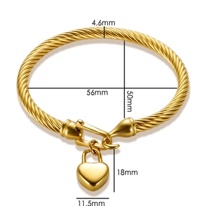 Macro detail of golden twisted steel wire bracelet with heart pendant and dimensions