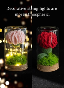 Handmade crochet flowers in glass dome with warm LED fairy lights and wooden base