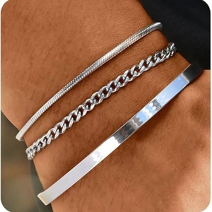 3-piece silver stainless steel bracelet set featuring snake, Cuban, and cuff styles