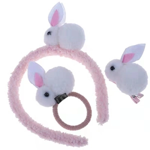 3-piece pink plush rabbit hair accessory set including headband, scrunchie and hair clip