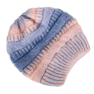 Cozy gradient knit beanie in pink blue and purple tones with thick soft wool texture