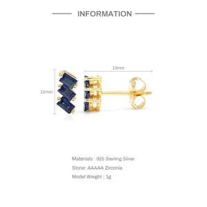 Detailed size specifications for S925 silver earrings with blue rectangular zircons