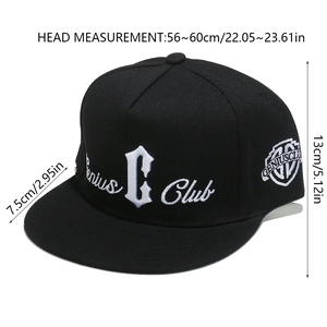 Detail view of black hip-hop cap with white Genius Club and G gothic embroidery detail